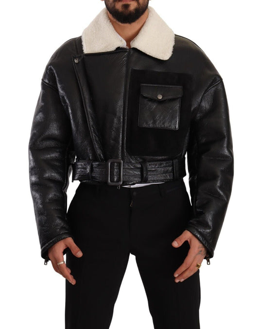 Dolce & Gabbana Black Leather Shearling Biker Coat Men's Jacket