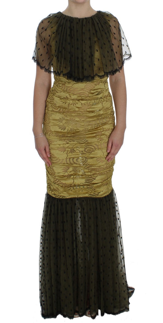 Dolce & Gabbana Yellow Black Floral Lace Ricamo Gown Women's Dress