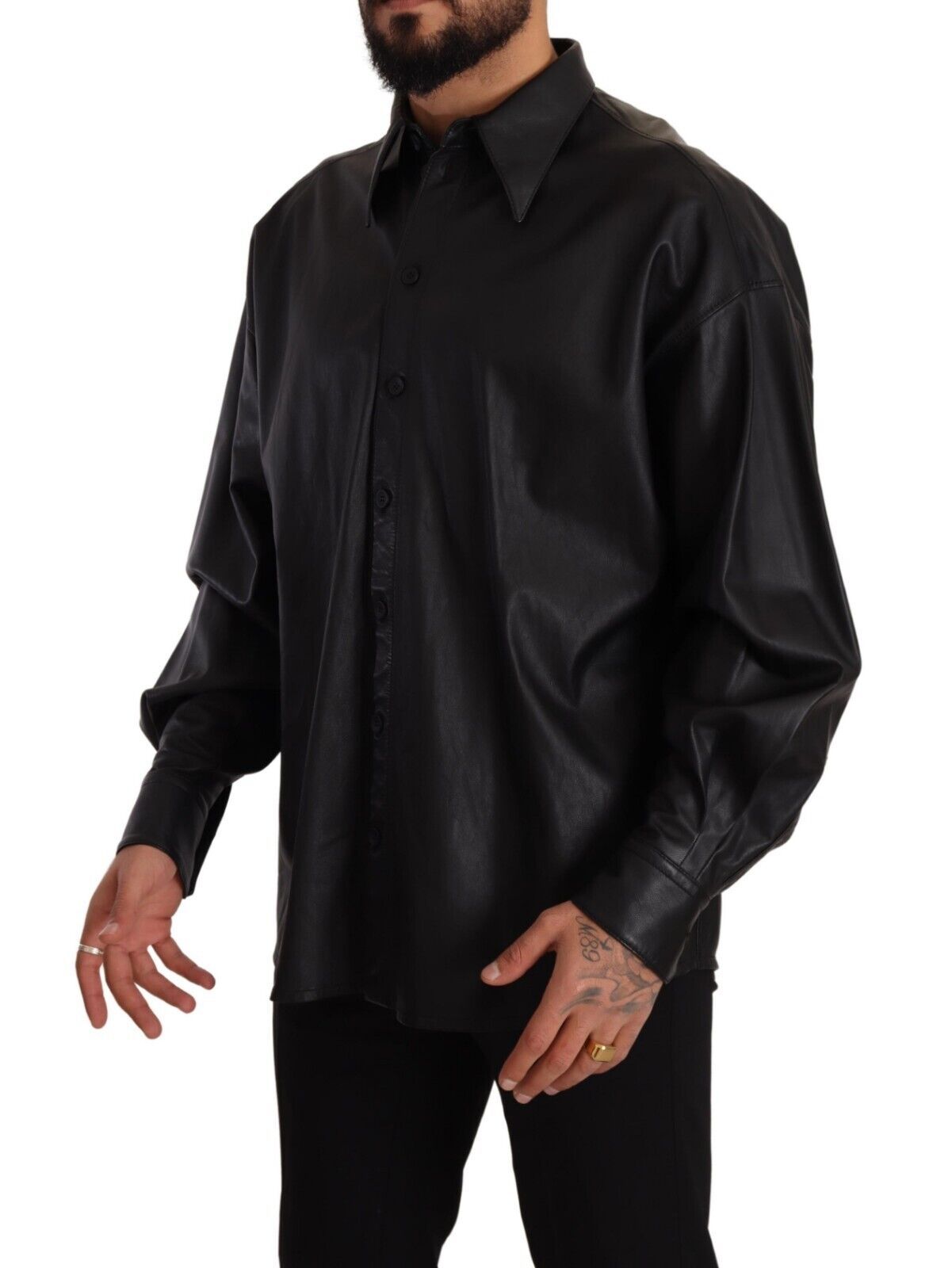 Dolce & Gabbana Black Leather Button Down Men Collared Men's Jacket