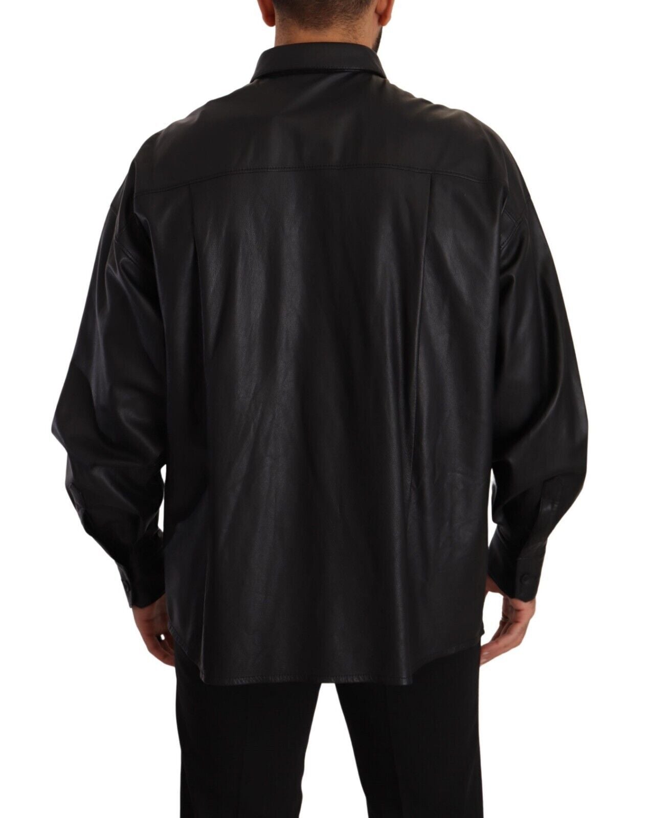 Dolce & Gabbana Black Leather Button Down Men Collared Men's Jacket
