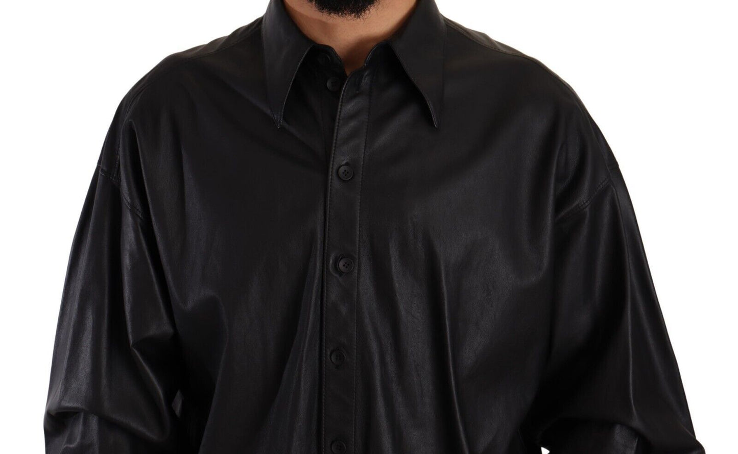 Dolce & Gabbana Black Leather Button Down Men Collared Men's Jacket