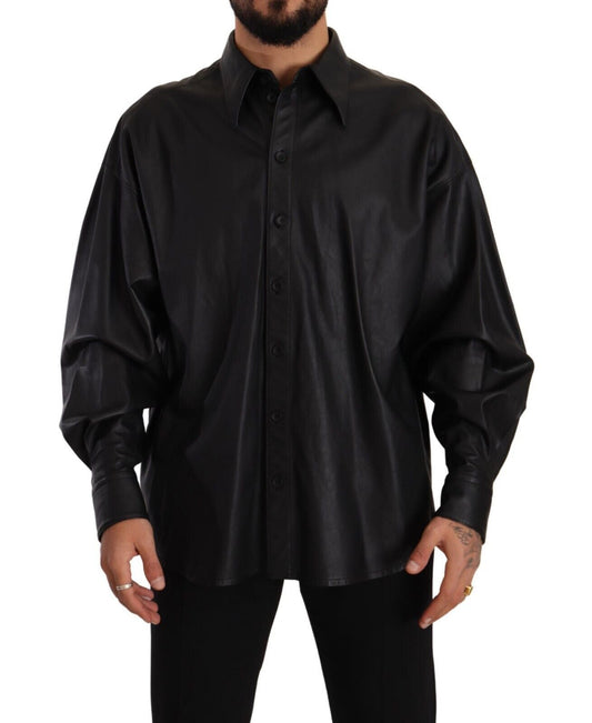 Dolce & Gabbana Black Leather Button Down Men Collared Men's Jacket
