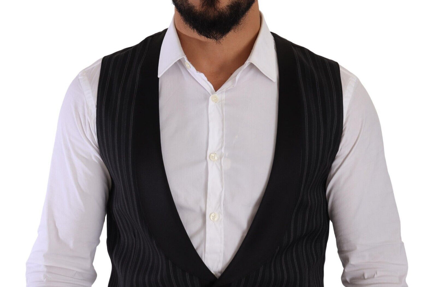 Dolce & Gabbana Black Striped Wool Silk Waistcoat Men's Vest