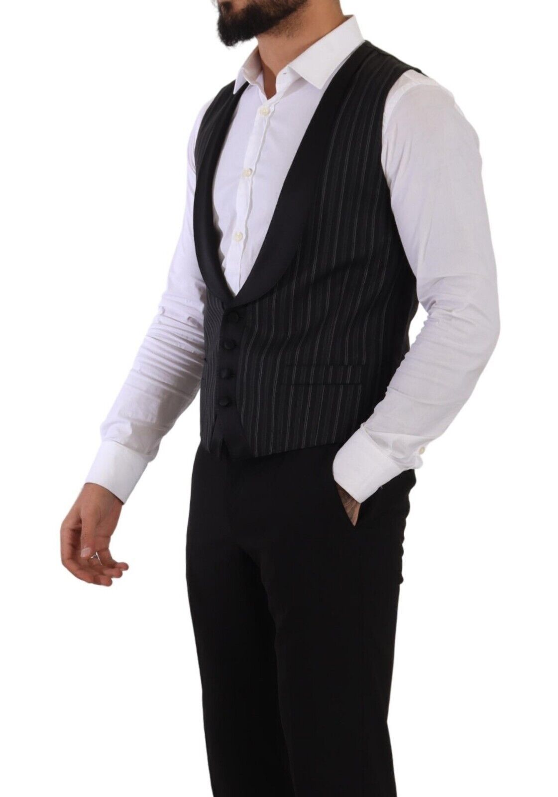 Dolce & Gabbana Black Striped Wool Silk Waistcoat Men's Vest