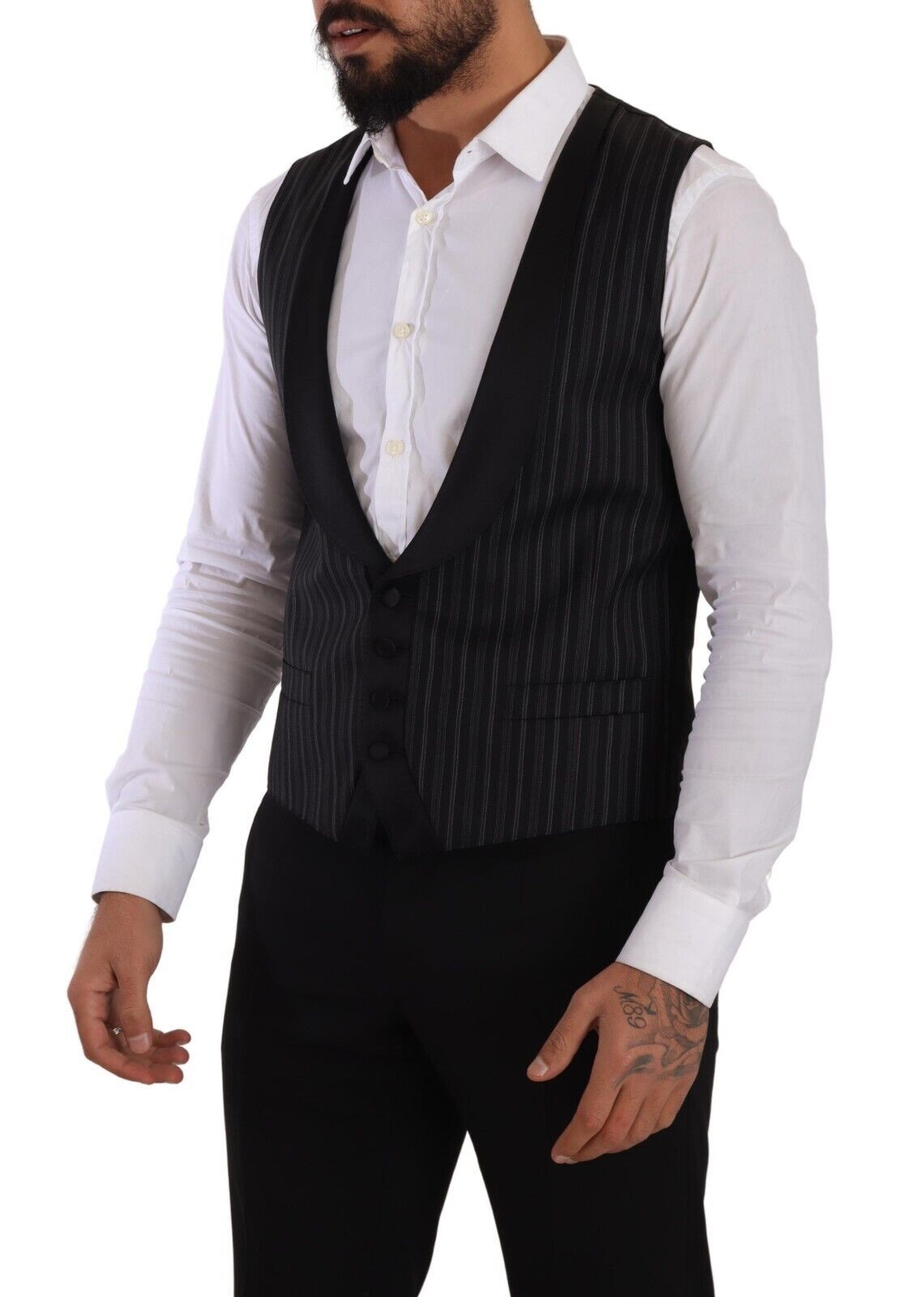 Dolce & Gabbana Black Striped Wool Silk Waistcoat Men's Vest