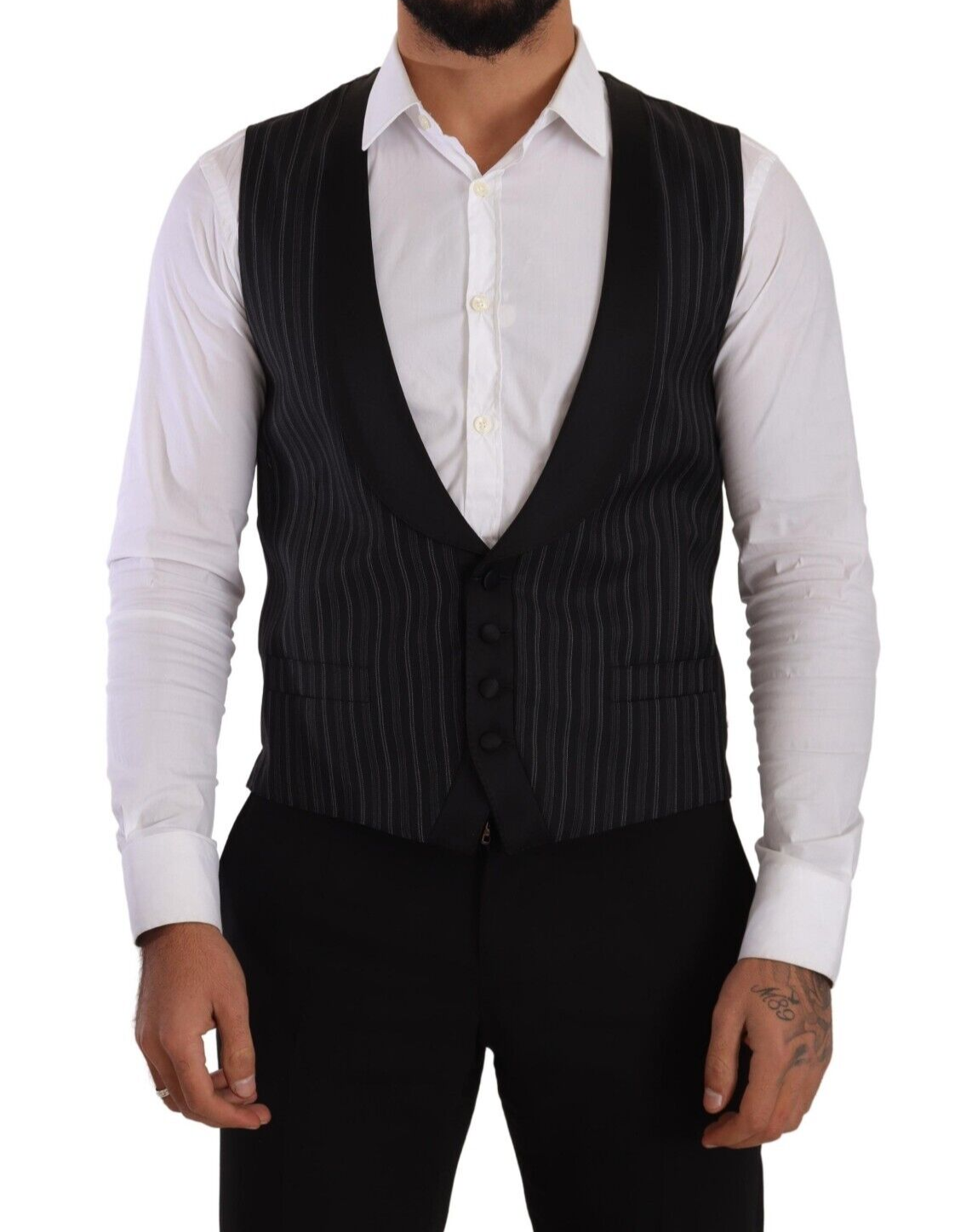 Dolce & Gabbana Black Striped Wool Silk Waistcoat Men's Vest