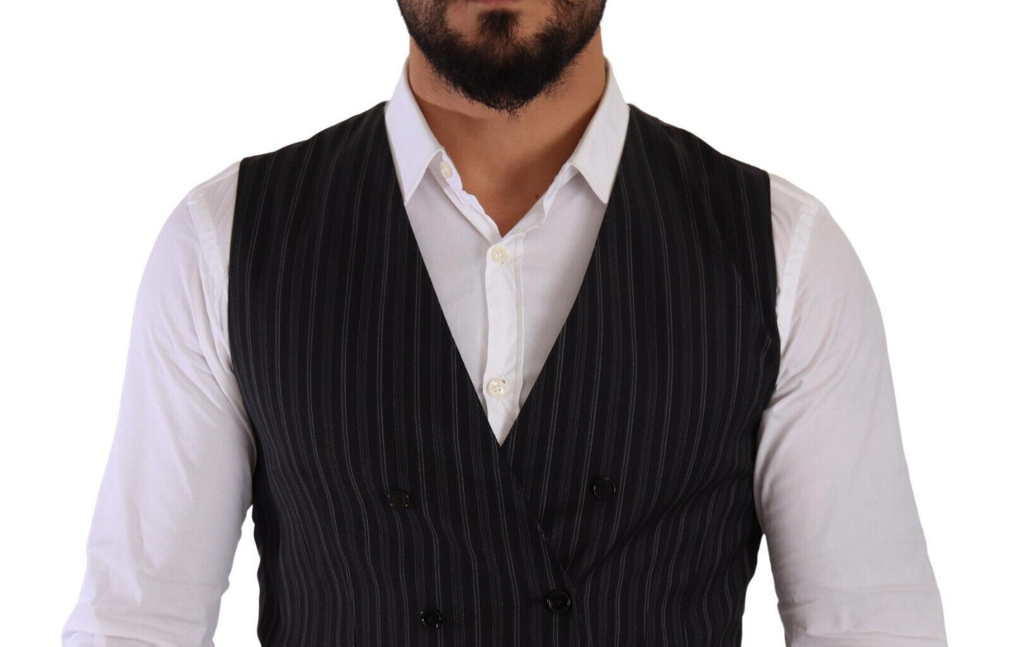 Dolce & Gabbana Gray Striped Double Breasted Waistcoat Men's Vest