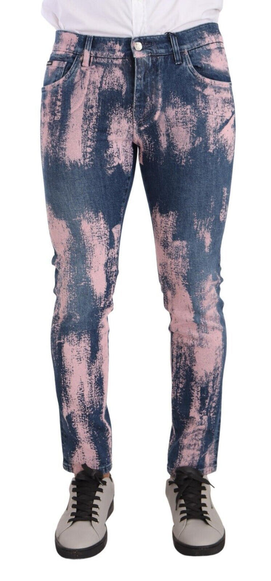 Dolce & Gabbana Blue Pink Tie Dye Cotton Skinny Denim Men's Jeans