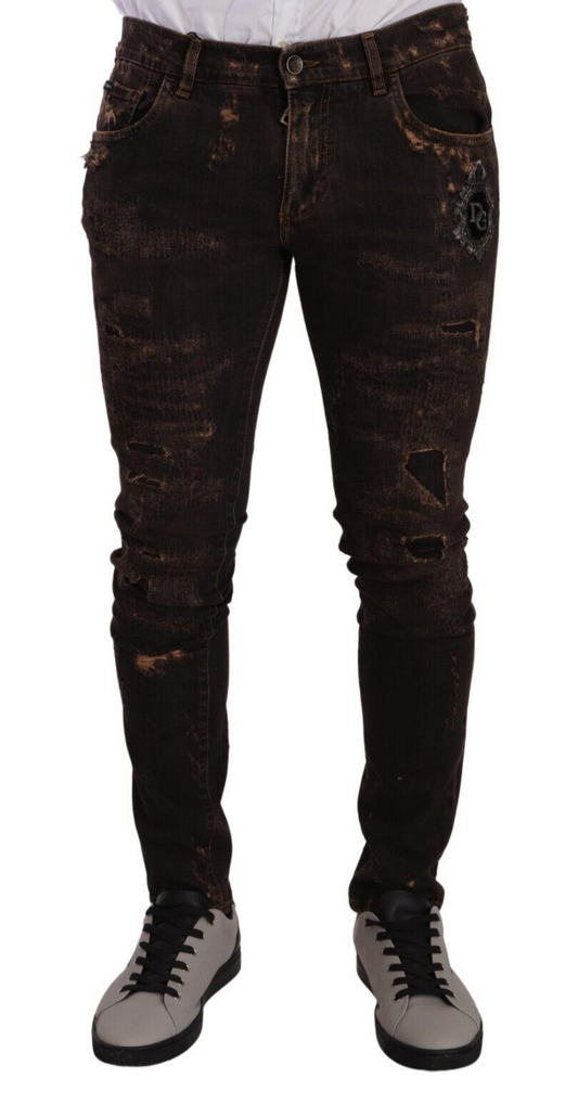 Dolce & Gabbana Brown Distressed Slim Fit Skinny Denim Men's Jeans