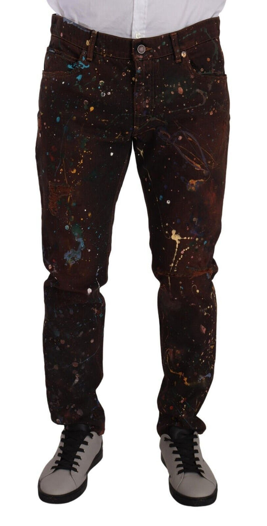 Dolce & Gabbana Brown Splash Color Cotton Regular Denim Men's Jeans