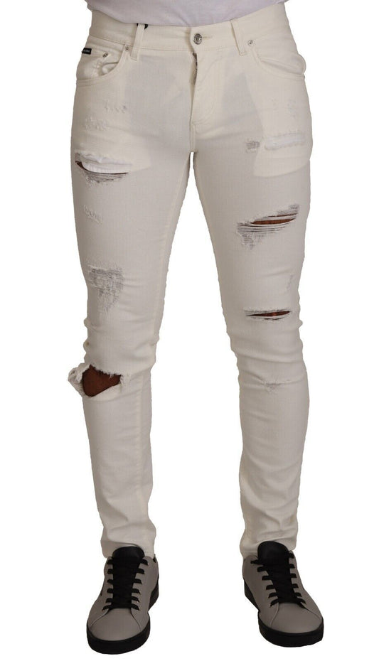 Dolce & Gabbana White Tattered Skinny Cotton Men Denim Men's Jeans