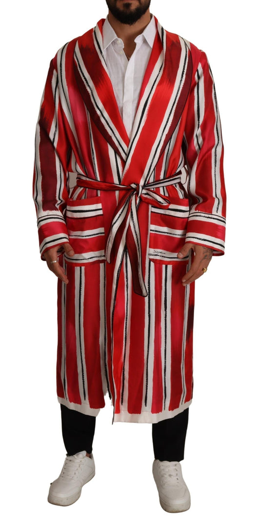 Dolce & Gabbana Red White Striped Silk Mens Night Gown Men's Robe