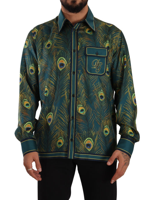 Dolce & Gabbana Peacock Feather Print Silk Pajama Mens Men's Shirt