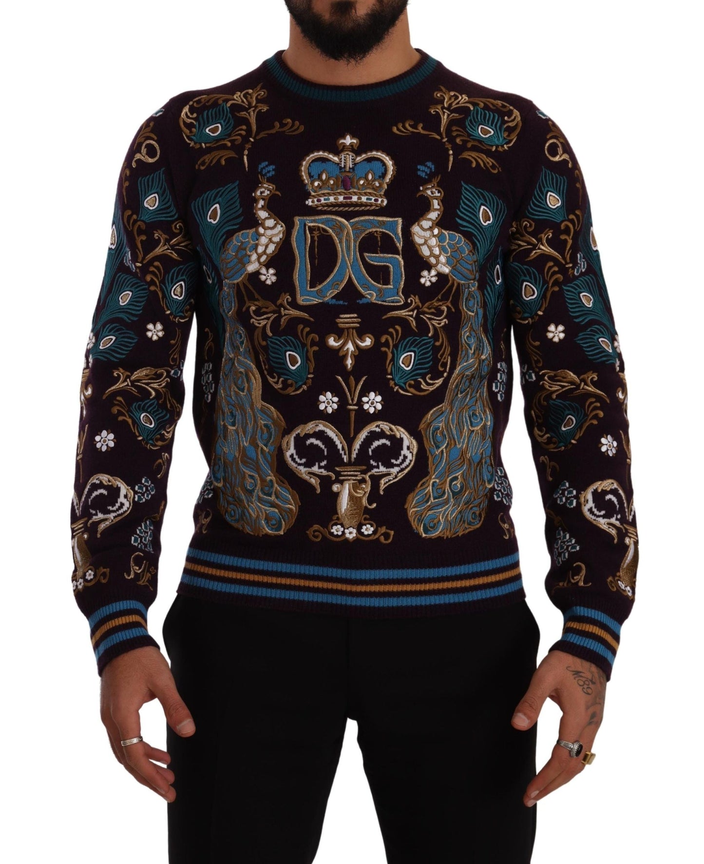 Dolce & Gabbana Bordeaux Cashmere DG Crown Embroidered Men's Sweater