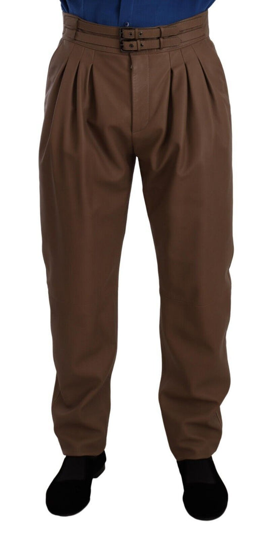 Dolce & Gabbana Brown Leather Tapered High Waist Men's Pants