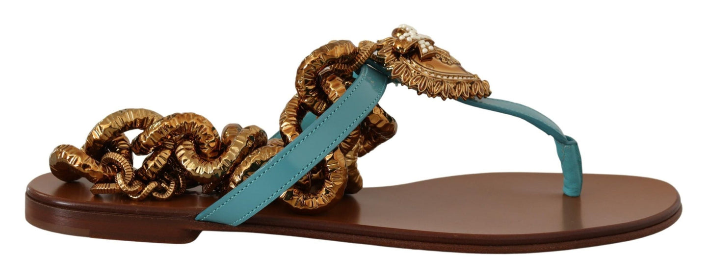 Dolce & Gabbana Blue Leather Devotion Flats Women's Sandals
