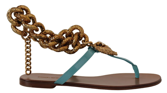 Dolce & Gabbana Blue Leather Devotion Flats Women's Sandals