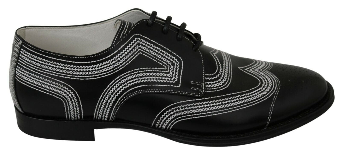 Dolce & Gabbana Black Leather Derby Formal White Lace Men's Shoes