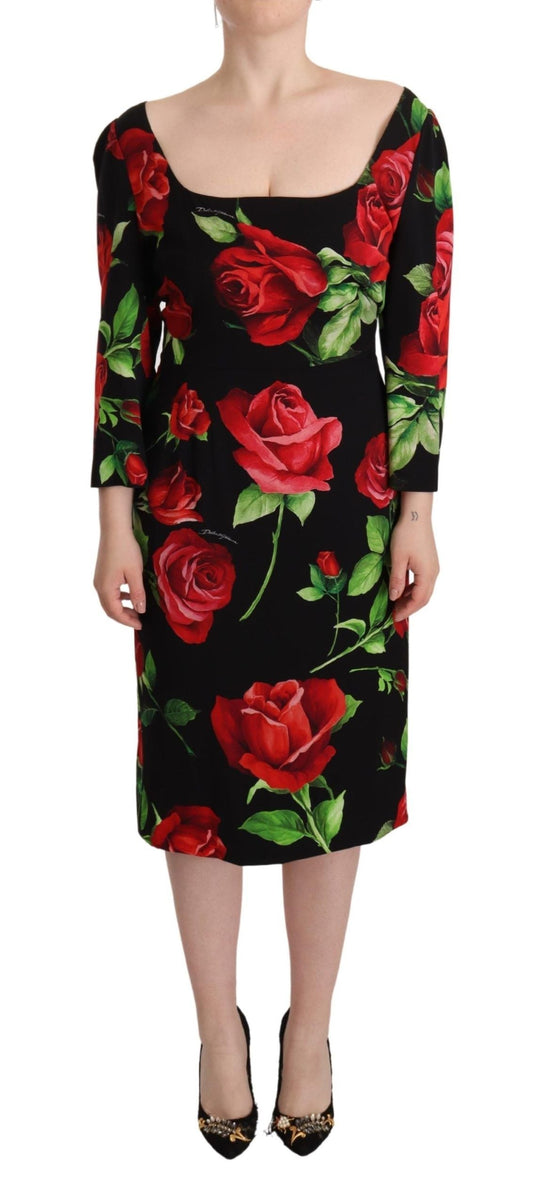 Dolce & Gabbana Black Red Roses Sheath Stretch Silk Women's Dress