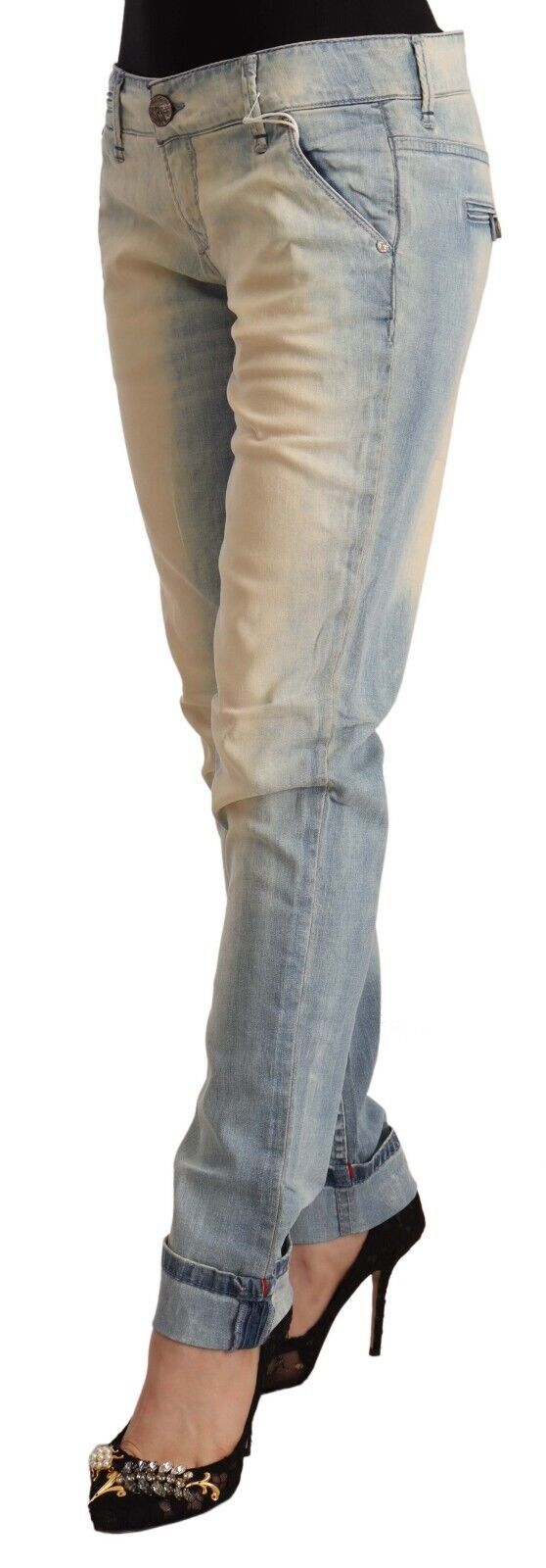 Acht Light Blue Washed Cotton Low Waist Skinny Denim Women's Jeans