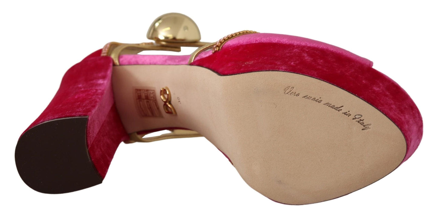 Dolce & Gabbana Pink Velvet Crystal Ankle Strap Sandals Women's Shoes