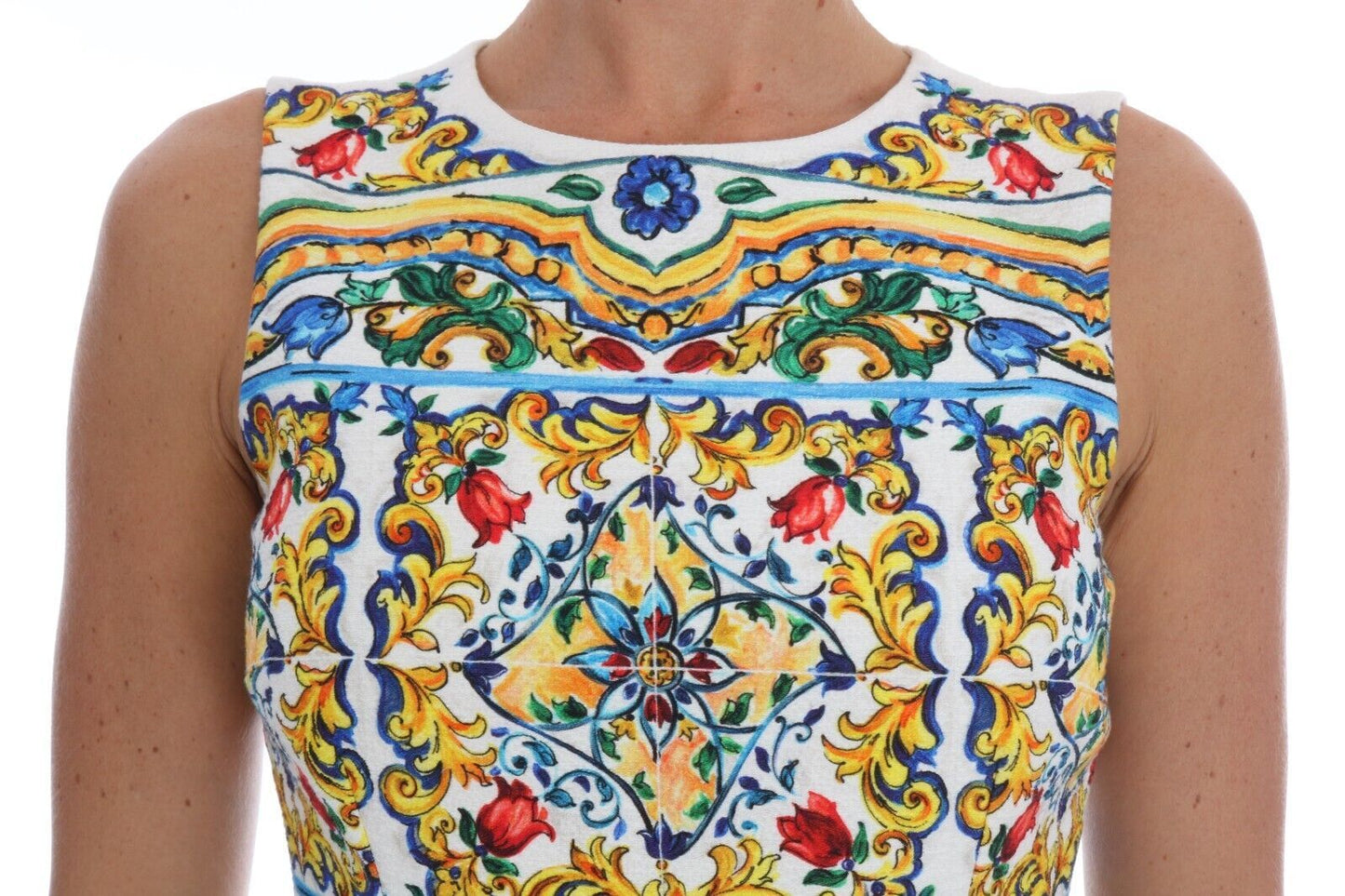 Dolce & Gabbana White Majoilca Sleeveless Sheath A-line Women's Dress