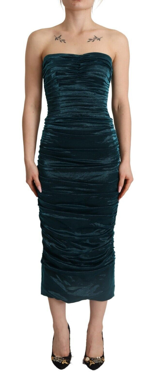 Dolce & Gabbana Turquoise Bustier Bodice Draped Midi Women's Dress. (Pre-Owned)