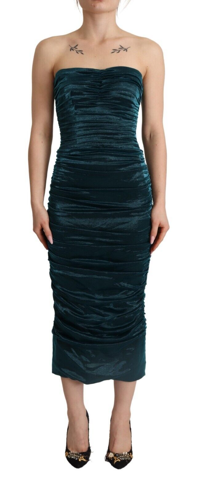 Dolce & Gabbana Turquoise Bustier Bodice Draped Midi Women's Dress (Pre-Owned)