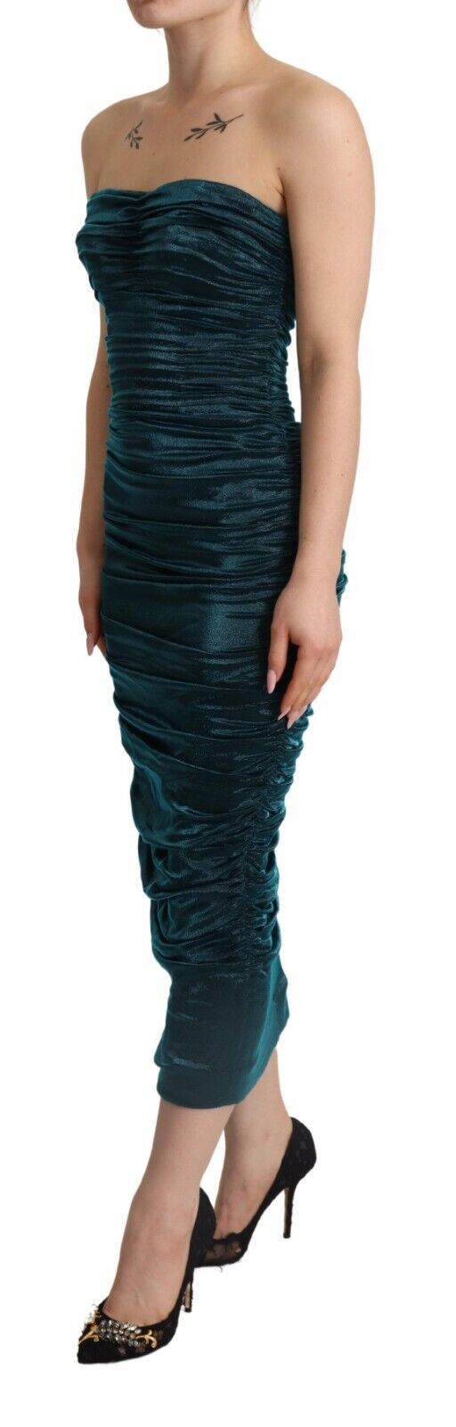 Dolce & Gabbana Turquoise Bustier Bodice Draped Midi Women's Dress (Pre-Owned)