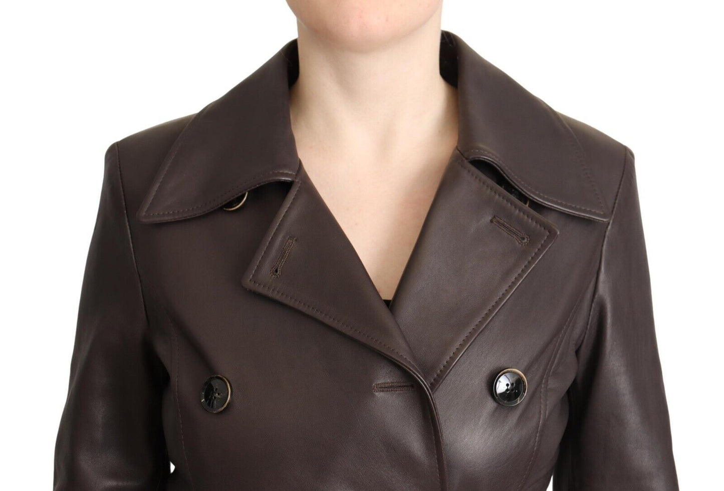 Dolce & Gabbana Dark Brown Leather Long Sleeves Belted Women's Jacket