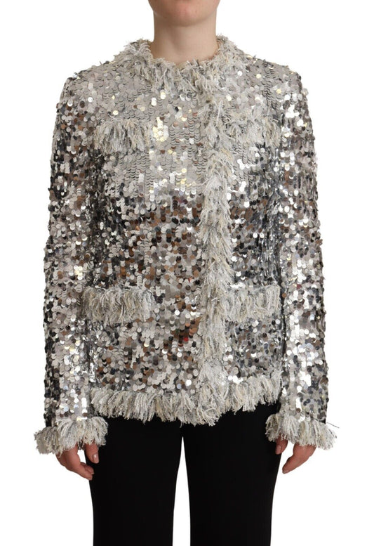 Dolce & Gabbana Silver Sequined Shearling Long Sleeves Women's Jacket
