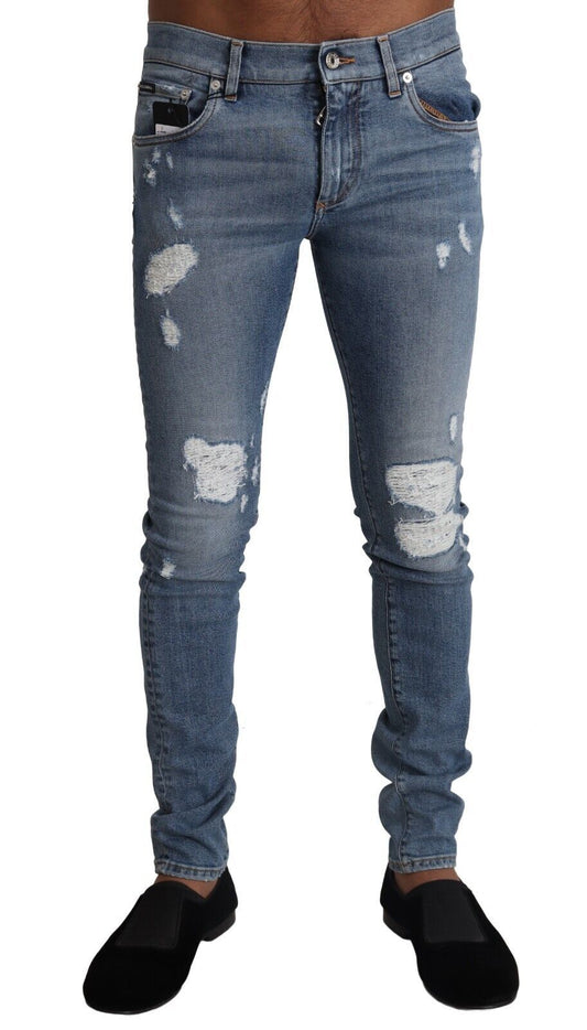 Dolce & Gabbana Light Blue Tattered Cotton Denim Skinny Men's Jeans