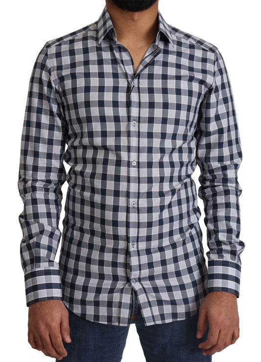 Dolce & Gabbana Blue White Check Cotton Slim Fit GOLD Men's Shirt