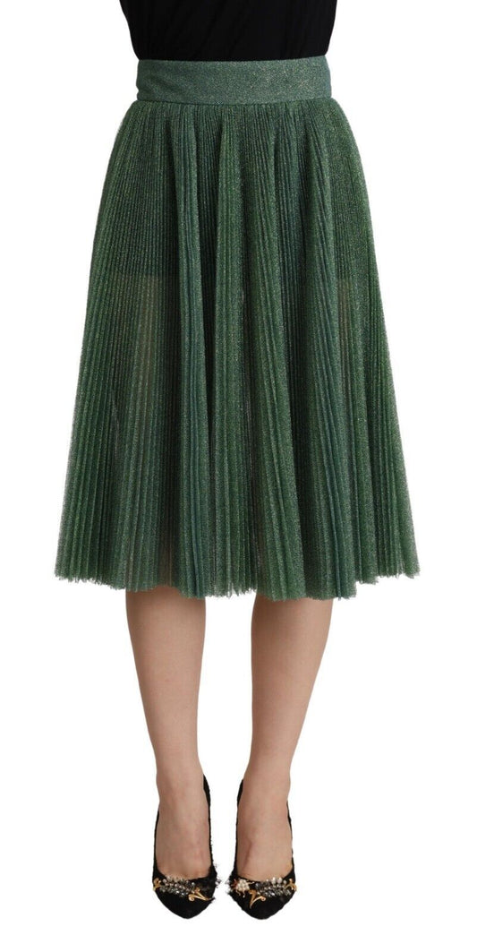 Dolce & Gabbana Metallic Green High Waist A-line Pleated Women's Skirt