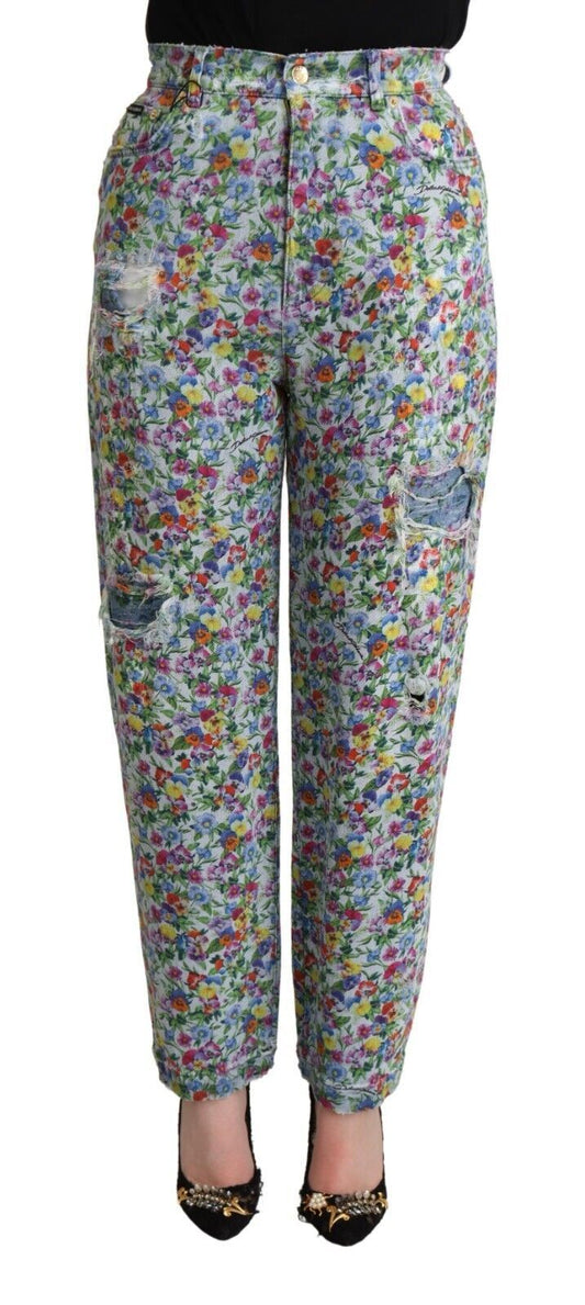 Dolce & Gabbana Blue Floral Print High Waist Denim Tapered Women's Jeans
