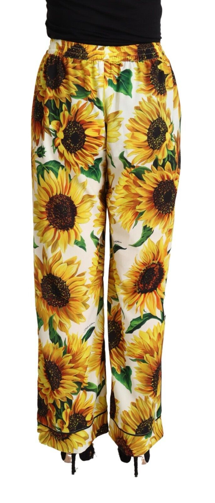 Dolce & Gabbana White Sunflower Print Mid Waist Wide Leg Women's Pants