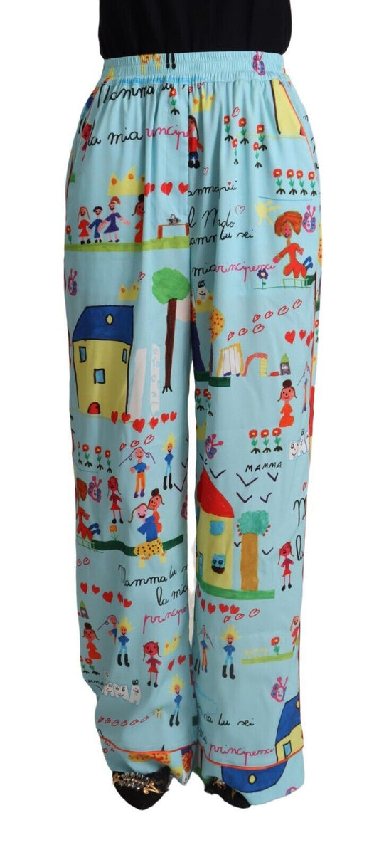 Dolce & Gabbana Light Blue Drawing Mid Waist Wide Leg Women's Pants