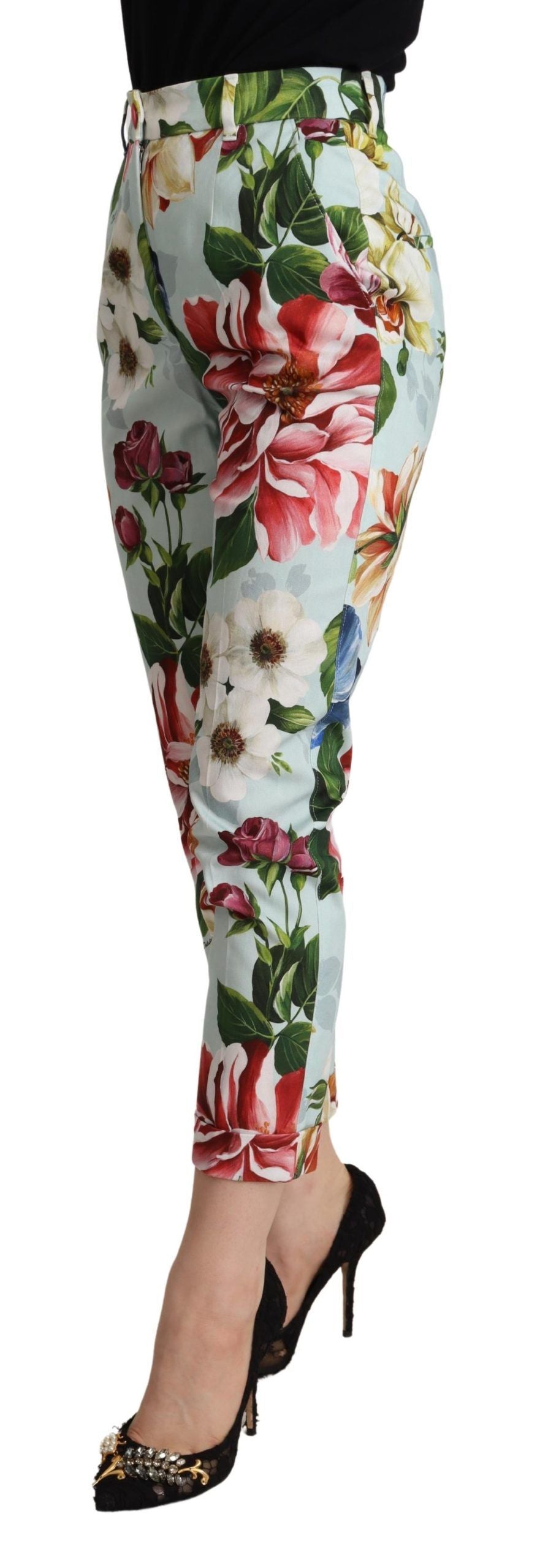 Dolce & Gabbana Light Blue Fiori Print Cotton Trouser Tapered Women's Pants