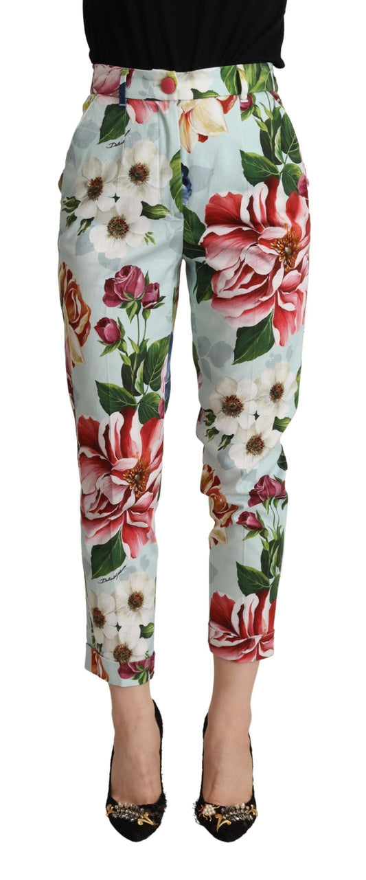 Dolce & Gabbana Light Blue Fiori Print Cotton Trouser Tapered Women's Pants