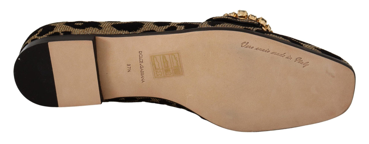 Dolce & Gabbana Gold Leopard Print Crystals Loafers Women's Shoes