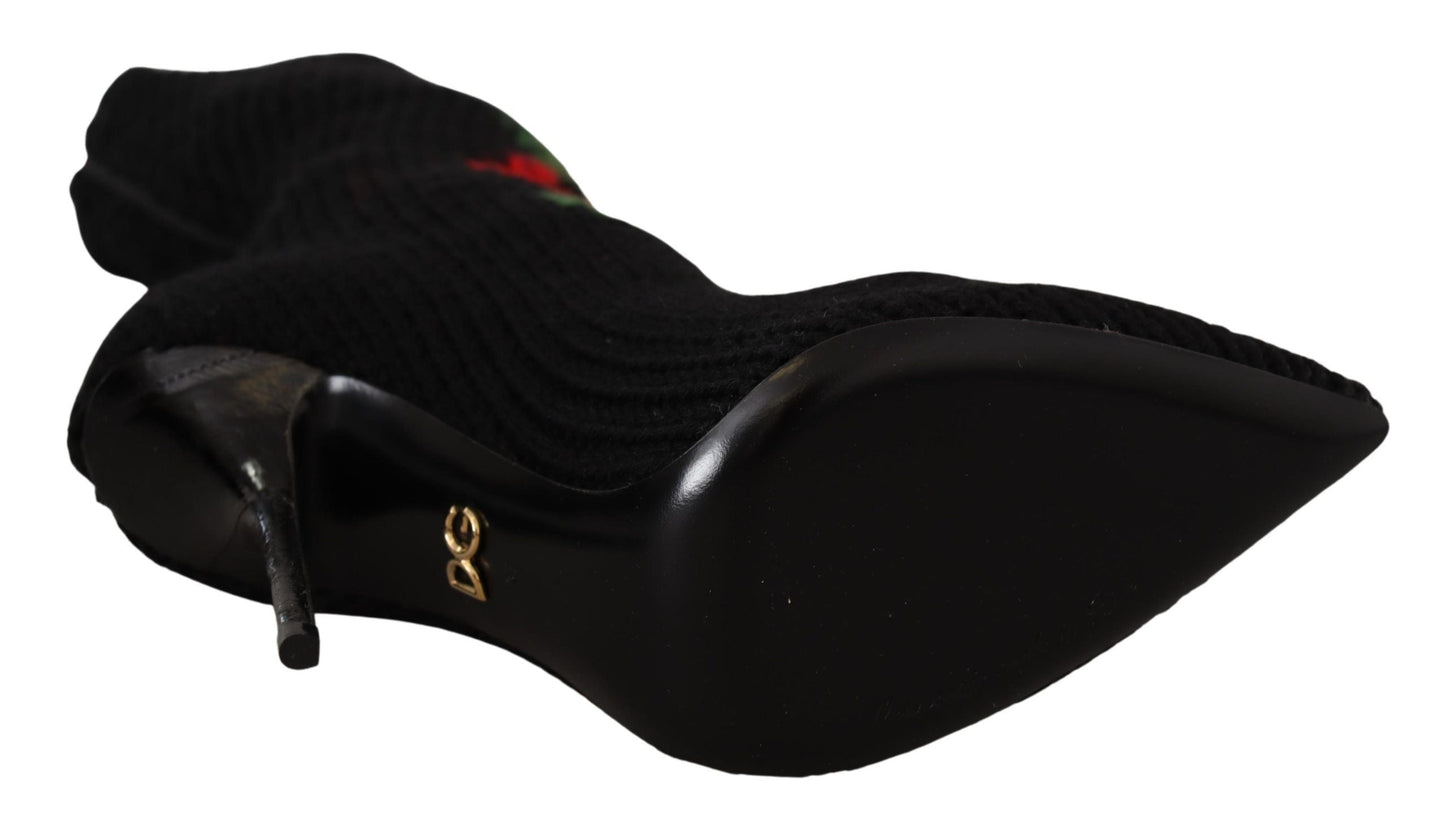 Dolce & Gabbana Black Stretch Socks Red Roses Booties Women's Shoes