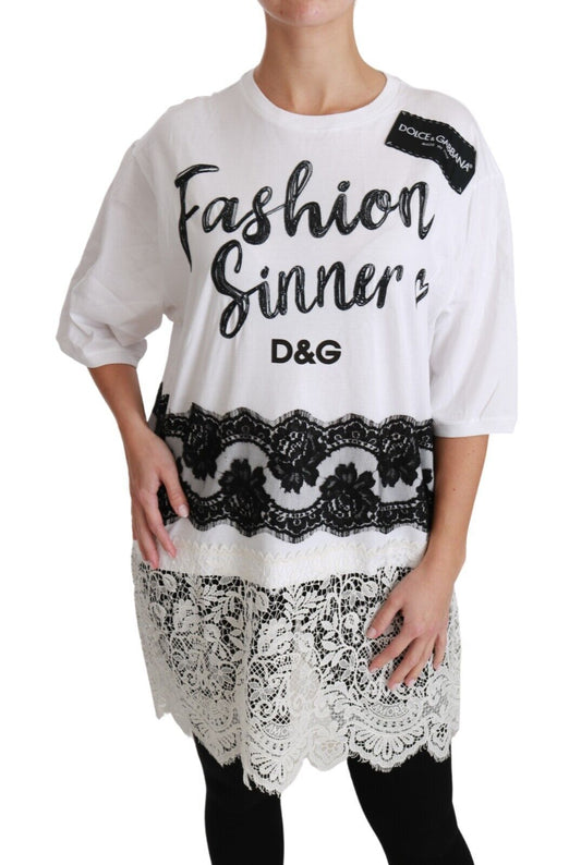 Dolce & Gabbana White Fashion Sinner Cotton Lace T-shirt Women's Top