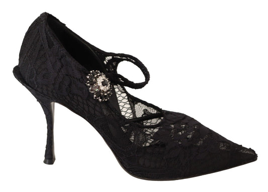 Dolce & Gabbana Black Lace Crystals Heels Mary Jane Pumps Women's Shoes