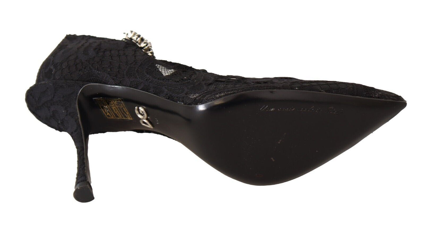 Dolce & Gabbana Black Lace Crystals Heels Mary Jane Pumps Women's Shoes