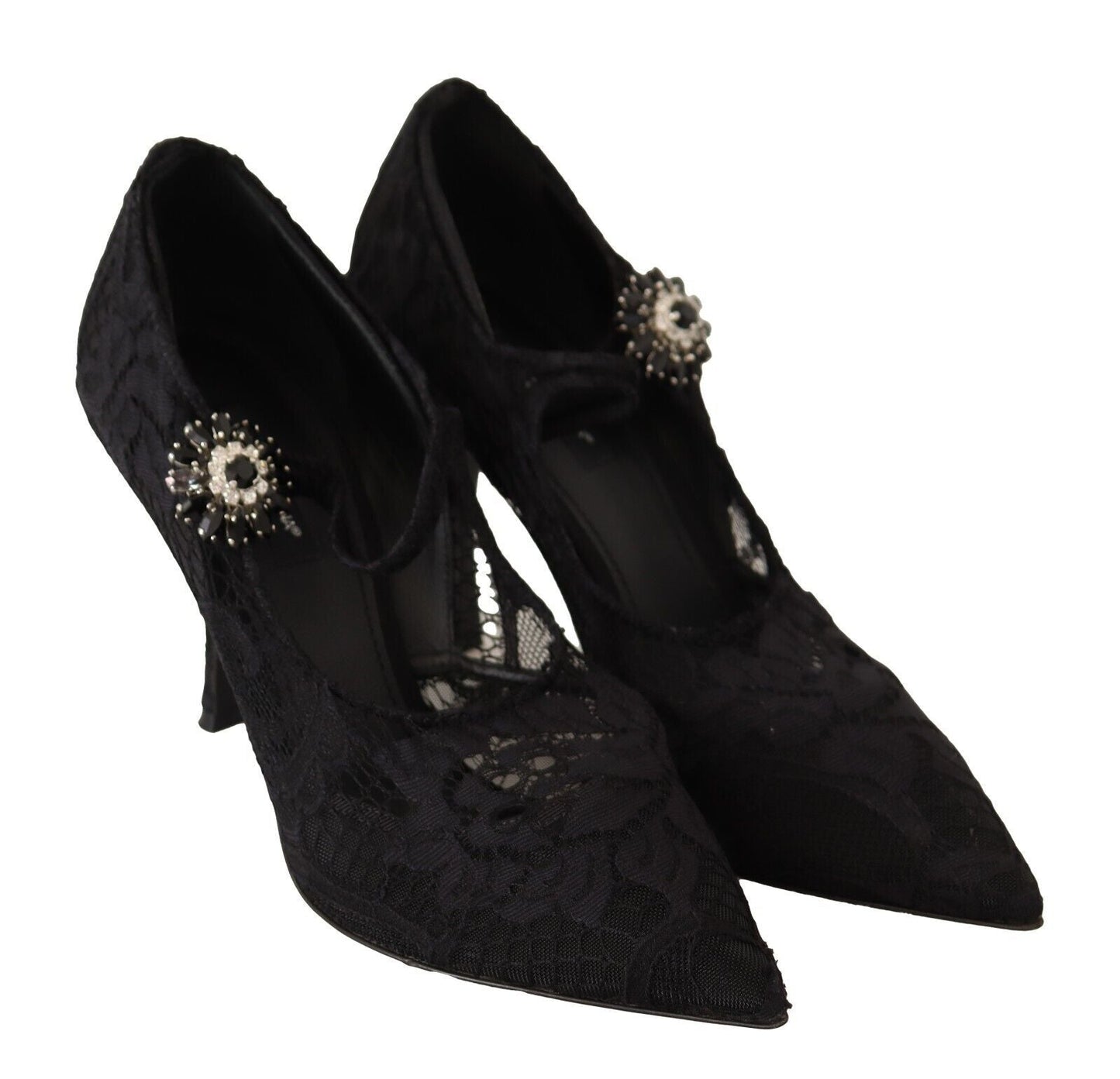 Dolce & Gabbana Black Lace Crystals Heels Mary Jane Pumps Women's Shoes