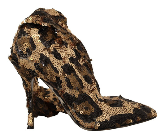 Dolce & Gabbana Gold Leopard Sequins Heels Boots Women's Shoes