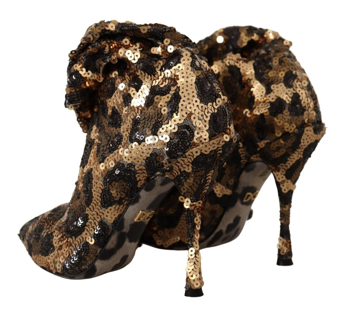 Dolce & Gabbana Gold Leopard Sequins Heels Boots Women's Shoes