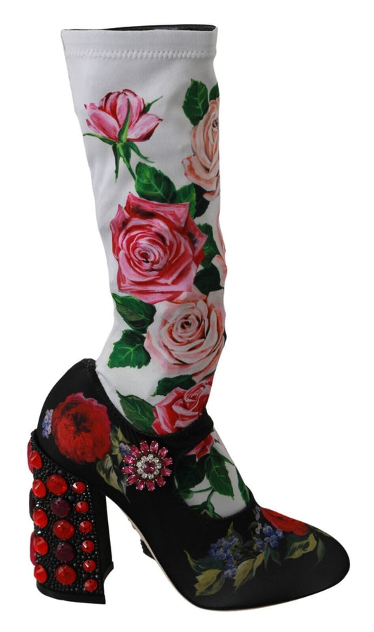 Dolce & Gabbana Black Floral Socks Crystal Jersey Boots Women's Shoes
