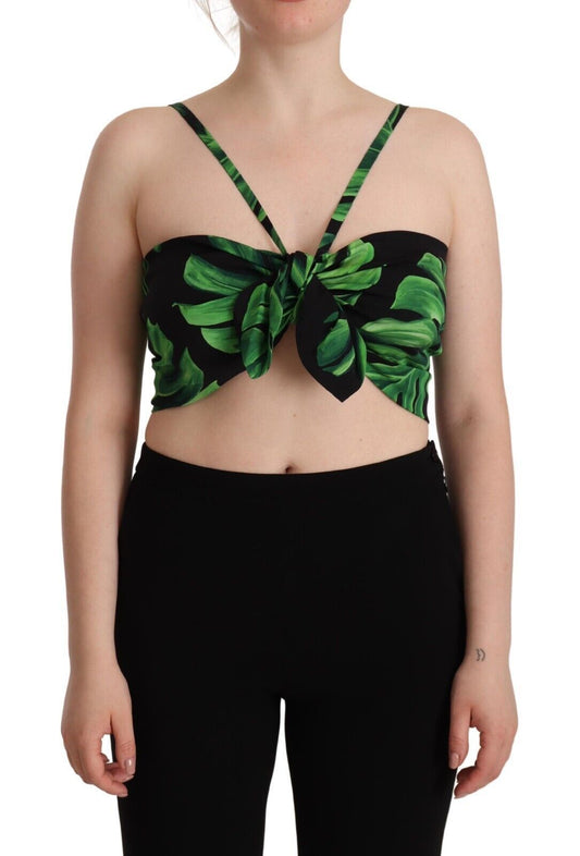 Dolce & Gabbana Black Green Leaf Silk Halter Cropped Women's Top