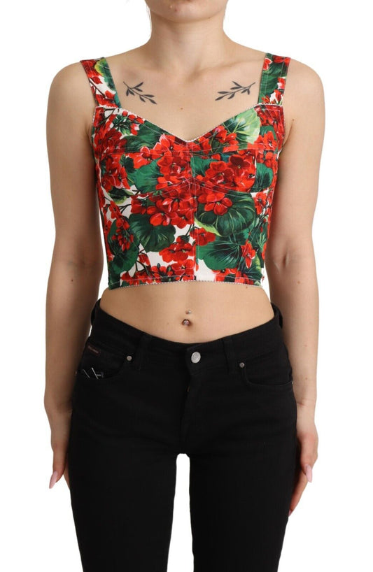 Dolce & Gabbana Red Geranium Print Viscose Sweetheart Cropped Women's Top